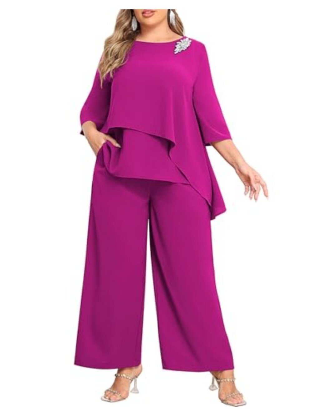Plus Size Dressy Pant Suit Set 2 Piece Crew Neck Ruffle Cape Sleeve Formal